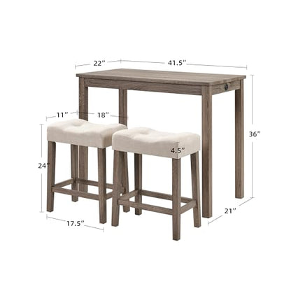 DUHOME 3 Piece Bar Table Set,Dining Bar Table and 2 Chairs Set with Charging Station Industrial Breakfast Table with 2 Padded Stools Rustic Bar Kitchen Dinning Room Living Room Cream