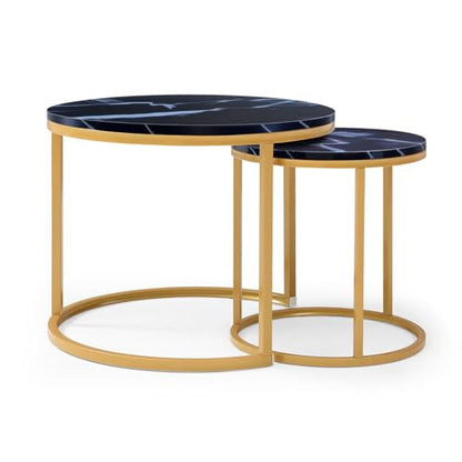 Nesting Coffee Table Set of 2 for Small Spaces, 23.6" Round Coffee Table with Marble Pattern Wood Top & Golden Metal Frame, Modern End Side Tables for Living Room, Apartment - color: Black, Gold