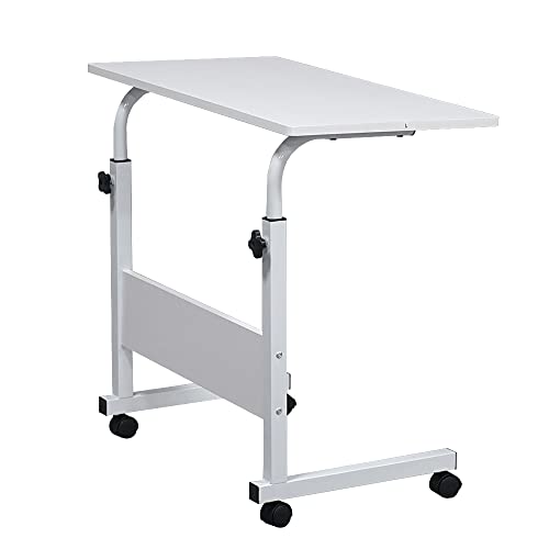 Sofa Side Table C Shaped End Table with Wheels, Rolling Bedside Laptop Table Snack Table TV Tray, Height Adjustable, Wooden Top & Metal Frame (White) - color: White, 31.5"