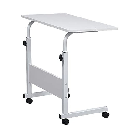 Sofa Side Table C Shaped End Table with Wheels, Rolling Bedside Laptop Table Snack Table TV Tray, Height Adjustable, Wooden Top & Metal Frame (White) - color: White, 31.5"