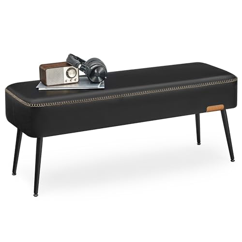 VASAGLE EKHO Collection - Bench for Entryway Bedroom, Synthetic Leather with Stitching, Ottoman Bench with Steel Legs, Living Room, Mid-Century Modern, Loads 660 lb, Ink Black ULOM076B01 - color: Ink Black, style: Steel Leg Bench