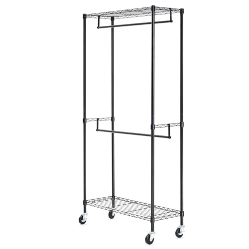 Amazon Basics Adjustable Double Rod Rolling Garment Rack, Hanging Clothes Closet Organizer with Wheels, Heavy Duty, 36" x 14" x 72", Black - color: Black