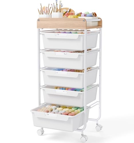 SYKIARIOL Utility Cart with Drawers,Craft Cart with 5 Drawers,White | Art Supply Organizer,Rolling Drawer Cart,Craft Storage Cart,Storage Drawer Carts With DIY Lable and Wooden Tabletop Area - color: White, size: 5-Drawer