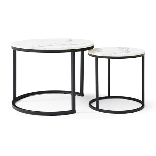 White Nesting Coffee Tables Set of 2, 23.6" Round Marble Pattern Top with Black Metal Frame, Modern Accent Side Tables for Living Room, Bedroom, Apartment - color: White,black