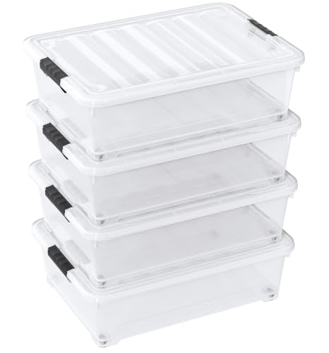 25 Quart Clear Plastic Underbed Storage Bins with Wheels, 4 Packs | Stackable Plastic Under Bed Latching Organization Box with Lids - size: 25 Quart