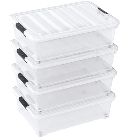 25 Quart Clear Plastic Underbed Storage Bins with Wheels, 4 Packs | Stackable Plastic Under Bed Latching Organization Box with Lids - size: 25 Quart