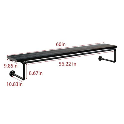 Clothes Rack 60in, Wall Mounted Garment Racks with Black Solid Wood Shelf, Heavy Duty Hanging Clothes Rack, Multi-Purpose Hanging Rod, Space-Saving Closet Storage - color: Black, size: 1T60IN