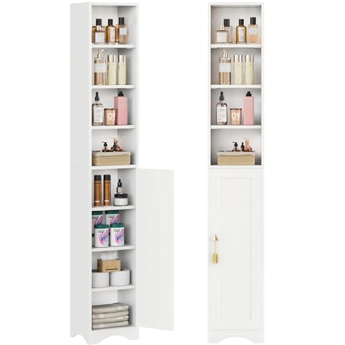 VECELO 71" Tall Narrow Storage Cabinet, Bathroom Storage Slim Freestanding Cabinet with Door & 6 Adjustable Shelves, Anti-Tip Design for Small Space, Kitchen, Living Room, White - color: White
