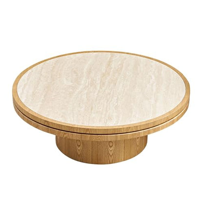 35.43 Round Coffee Table with Sintered Stone Tabletop & Sturdy Base, Modern MDF Circle Center Table Double Layer Tabletop Tea Table for Living Room, Easy Assembly - Natural - color: 35.43" Coffee Table With Sintered Tabletop,natural
