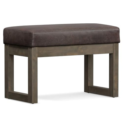 SIMPLIHOME Milltown 27" Wide Vegan Leather Ottoman in Distressed Brown | Contemporary ottoman with a cushioned seat for bedroom seating; rectangle footstool, footrest or bench. - color: Distressed Brown, style: Small Ottoman Bench