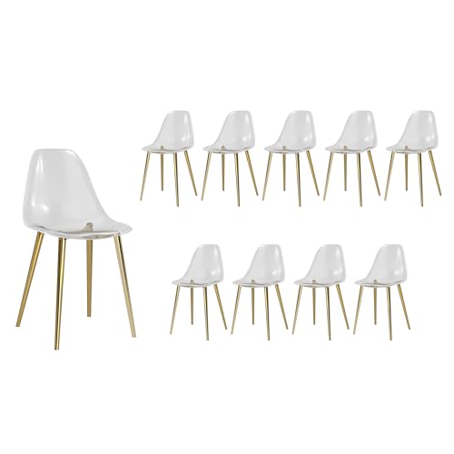 Baysitone Clear Dining Chairs Set of 10, Modern Kitchen Chairs with Transparent Seat, Acrylic Accent Side Chairs with Plating Metal Legs for Dining Room, Kitchen, Living Room with Gold - color: Golden, size: Set of 10