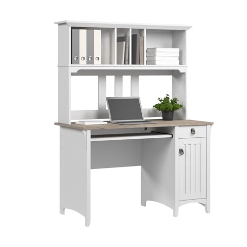 Bush Home Salinas Computer Desk with Hutch | Study Table with Drawers, Cabinets & Pullout Keyboard/Laptop Tray | Modern Home Office Desk in Pure White and Shiplap Gray | Work Desk with Storage - color: Pure White and Shiplap Gray