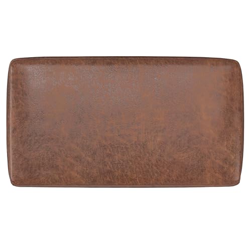 SIMPLIHOME Milltown 27" Wide Vegan Leather Ottoman in Saddle Brown | Distressed saddle brown, contemporary ottoman with a cushioned seat for bedroom seating; rectangle footstool or pouf. - color: Distressed Saddle Brown, style: Small Ottoman Bench