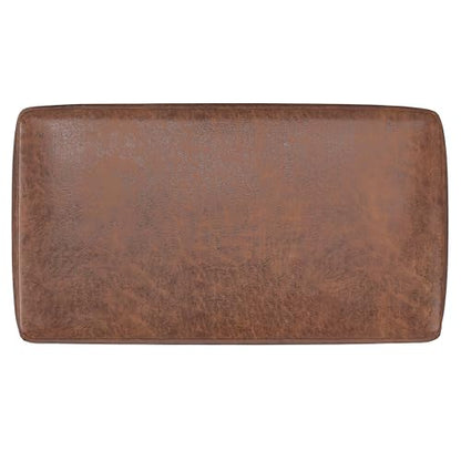 SIMPLIHOME Milltown 27" Wide Vegan Leather Ottoman in Saddle Brown | Distressed saddle brown, contemporary ottoman with a cushioned seat for bedroom seating; rectangle footstool or pouf. - color: Distressed Saddle Brown, style: Small Ottoman Bench