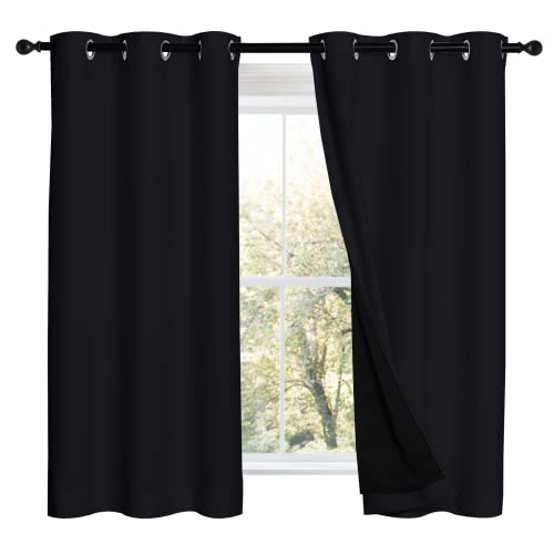 NICETOWN Black Out Curtains 54 inches Length Set of 2, 2 Thick Layers Completely Blackout Window Treatment Thermal Insulated Lined Drapes for Basement Window (42 inches Width Each Panel) - color: Black, size: 42"W x 54"L (Pack of 2)