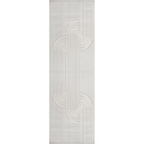Modern Runner Rug 2x7 Luxury Swirl Curved Micro Loop Hallway Rugs Soft High-Low Pile Stain Resistant Easy to Clean Non-Shedding Durable Entryway Kitchen Indoor Area Carpet (White) - color: Curved / White, size: 2' x 7' (Rectangular)