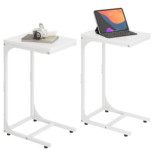 WLIVE C-Shaped End Table Set of 2, Small Couch Side Tables with Metal Frame, Sofa Table TV Tray for Living Room, Bedroom, White - color: White