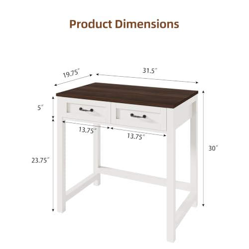 Small Writing Desk with 2 Drawers, Two-Tone Farmhouse Computer Desk with Storage, 31.5" Compact Study Table for Home Office Small Space, White & Walnut