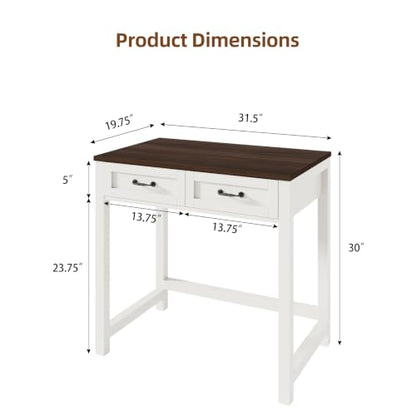 Small Writing Desk with 2 Drawers, Two-Tone Farmhouse Computer Desk with Storage, 31.5" Compact Study Table for Home Office Small Space, White & Walnut