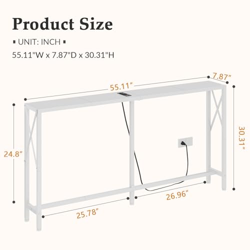 Gewudraw Narrow Console Table with Socket, Sofa Table Behind Couch, White | 55.1" Couch Table, Industrial Style, Long Skinny Design,For Hallway,Living Room,Bedroom, Built-In Outlets & USB,140cm Length - color: White, size: 55.1 in