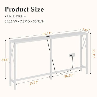Gewudraw Narrow Console Table with Socket, Sofa Table Behind Couch, White | 55.1" Couch Table, Industrial Style, Long Skinny Design,For Hallway,Living Room,Bedroom, Built-In Outlets & USB,140cm Length - color: White, size: 55.1 in