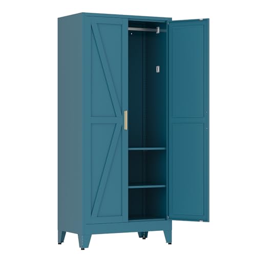 71" Tall Metal Armoire Wardrobe Closet with Removable Hanging Rod and Adjustable Shelves,Blue - color: Blue, size: 17.7"D x 31.5"W x 71"H-2