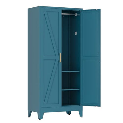 71" Tall Metal Armoire Wardrobe Closet with Removable Hanging Rod and Adjustable Shelves,Blue - color: Blue, size: 17.7"D x 31.5"W x 71"H-2