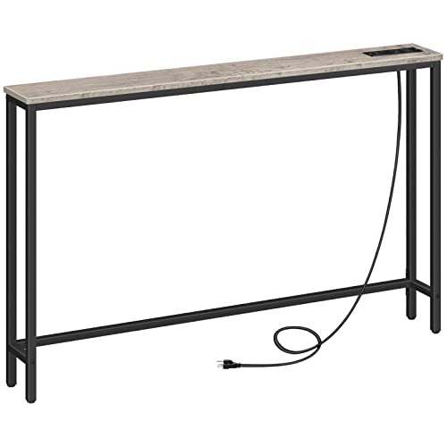 HOOBRO 47.2" Narrow Console Table with Power Outlets, 5.9" Behind Couch Table with Charging Station, Narrow Sofa Table, Long Entryway Table for Living Room, Hallway, Foyer, Greige BG15XG01G1 - color: Greige + Black, size: 47.2"L x 5.9"W x 31.5"H