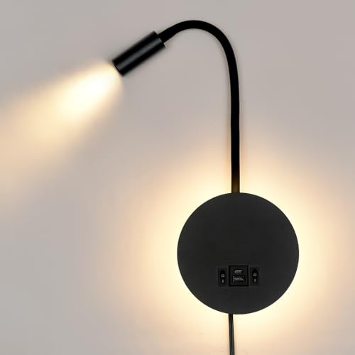 Wall Mounted Reading Light with USB & USB-C Charging Port, Plug-in LED Headboard Reading Light, with Ambient Lighting, Bedside Spot Wall Lamps with Flexible Gooseneck, Black Finished - color: Not Dimmable/Warm White/USB&USB-C