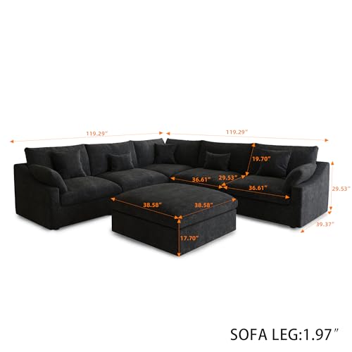 Modular Sectional Sofa Couch, 119.29" V Shaped Modular Couch with Storage Ottoman, Down Filled Convertible Sofa for Living Room, 6 Seat Wide Couches,Cushion Covers Removable,Black - color: Black, size: 6 Seater