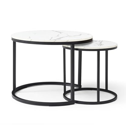 24" Marble Pattern Accent Side Table, Modern Nesting Side Tables with Metal Frame, Space-Saving Nesting Coffee Table Set for Living Room Apartment, White - color: White