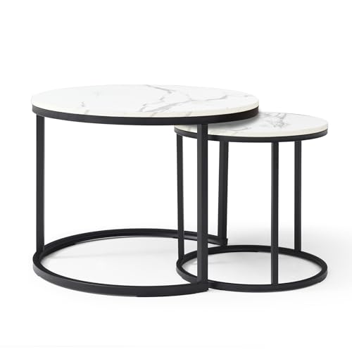 White Nesting Coffee Tables Set of 2, 23.6" Round Marble Pattern Top with Black Metal Frame, Modern Accent Side Tables for Living Room, Bedroom, Apartment - color: White,black