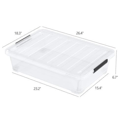 40 Quart Plastic Clear Underbed Storage Bin with Wheels, 3 Packs | Stackable Large Flat Under Bed Organization Boxes with Lids - size: 40 Quart