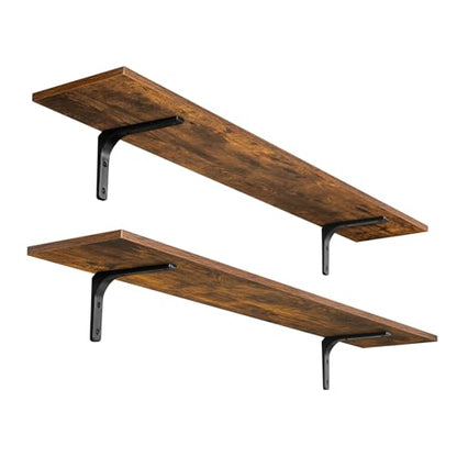 Long Wall Shelves, 47.3Inch Wooden Wall Mounted Shelves, Set of 2 | Large Floating Book Shelf, Metal Brackets, Easy Assembly, Max Load 33lbs, Wall Storage Ledges, Bedroom/Bathroom, Rustic Brown - color: Rustic Brown, size: 47.3 Inch