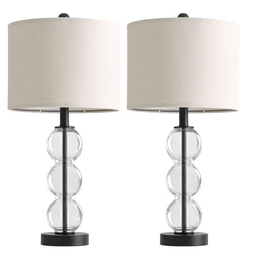 25" Glass Table Lamps Set of 2, Black Modern Table Lamps with USB Ports for Living Room, Linen Shade Bedside Lamps for Bedroom, Nightstand, Side Table (Bulbs not Included) - color: Black
