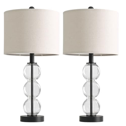 25" Glass Table Lamps Set of 2, Black Modern Table Lamps with USB Ports for Living Room, Linen Shade Bedside Lamps for Bedroom, Nightstand, Side Table (Bulbs not Included) - color: Black