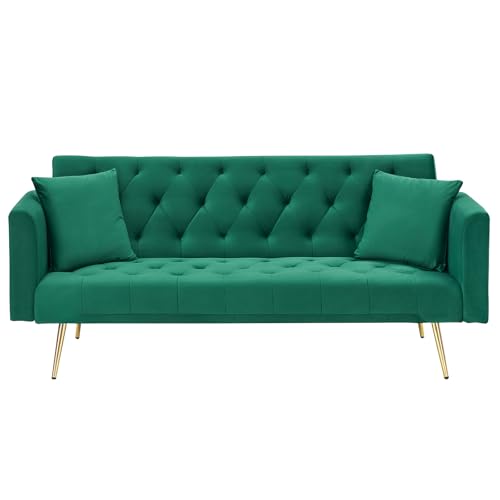 71" Modern Velvet Sofa Bed Futon, Convertible Sleeper Couch, Adj. Backrest | Tufted Recliner Loveseat Design with Golden Chrome Legs & 2 Pillows, Perfect for Small Spaces, Living Room, Apartment - color: Green