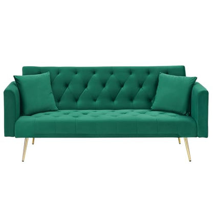71" Modern Velvet Sofa Bed Futon, Convertible Sleeper Couch, Adj. Backrest | Tufted Recliner Loveseat Design with Golden Chrome Legs & 2 Pillows, Perfect for Small Spaces, Living Room, Apartment - color: Green