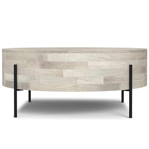 SIMPLIHOME Sawhorse 48" Wide Walnut Veneer and Metal Coffee Table | Modern round coffee table with black metal legs and a large surface; cocktail table or center table for living rooms. - color: White Wash