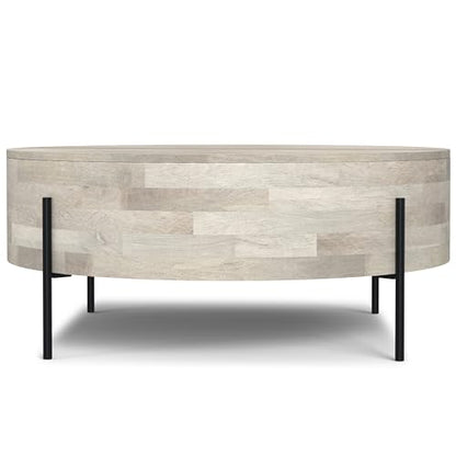 SIMPLIHOME Sawhorse 48" Wide Walnut Veneer and Metal Coffee Table | Modern round coffee table with black metal legs and a large surface; cocktail table or center table for living rooms. - color: White Wash
