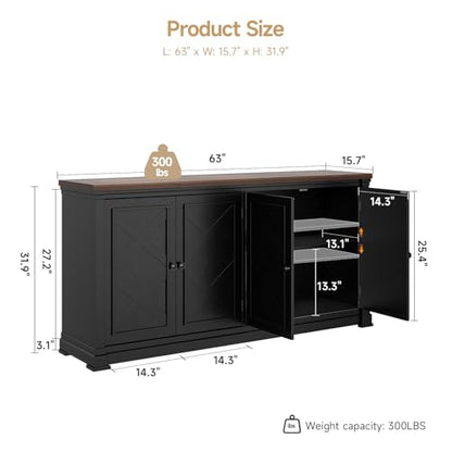 63 Inches Buffet Cabinet with Storage, Large Sideboard Cabinet with 4 Barn Doors, Adjustable Shelves, Wood Coffee Bar Station for Kitchen, Living Room, Black - color: Black