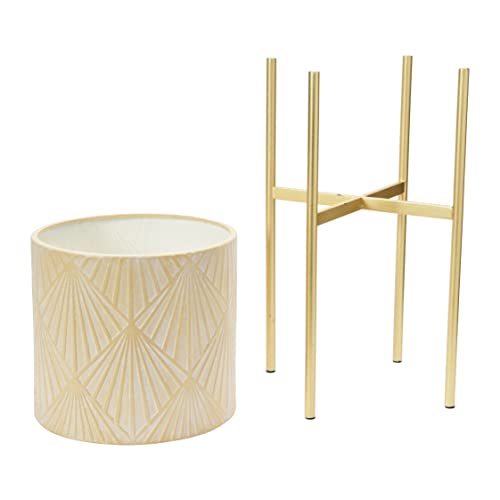 Main + Mesa Modern Boho Embossed Metal Planters with Stands, Cream and Gold, Set of 2 Sizes - color: Blush/Gold