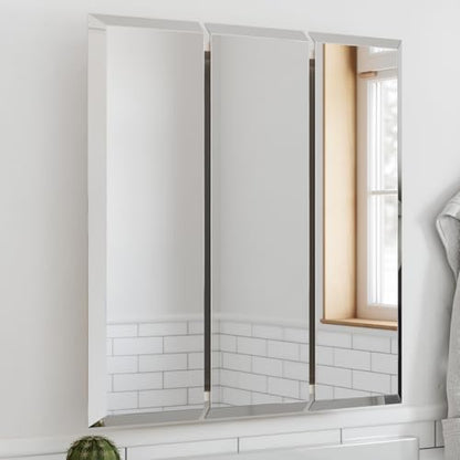 Design House Cyprus Bathroom Medicine Cabinet with Mirror, 25 Inch Recessed or Surface Mount Cabinet, 3 Frameless Mirrored Doors, 2 Shelves, White, Pre-Assembled, 597484 | Adjustable Shelves, Wall Mount, Contemporary/Modern, Wood, Bath, 597484 - size: 25