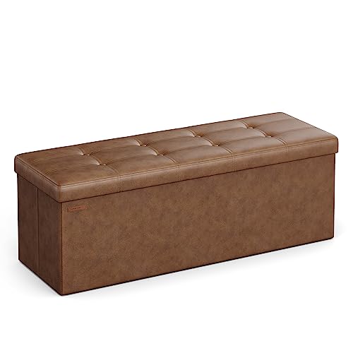 SONGMICS Mazie Collection - 43 Inches Folding Storage Ottoman Bench, Ottoman with Storage, Foot Rest Stool, Load 660 lb, Living Room, Bedroom, Entryway, Synthetic Leather, Coffee Brown ULSF070K01 - color: Coffee Brown, size: 15"D x 43"W x 15"H