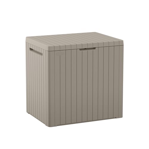 Keter City 30 Gal Outdoor Storage Box and Patio Side Table | Beige, Resin, Compact, Weatherproof, Lockable, Easy Assembly, Organization, Pool Accessories Storage - color: Beige