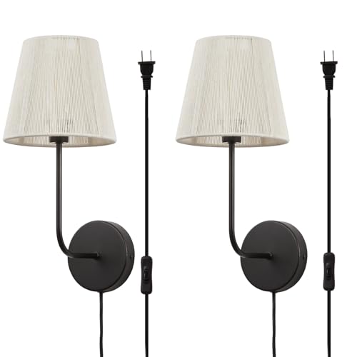 White Boho Wall Sconces Set of 2 | Plug-in Wall Light Black Finish with Natural Wicker Rattan Shade Hand Woven for Bedside, Living Room, Fireplace, Hallway - color: Black