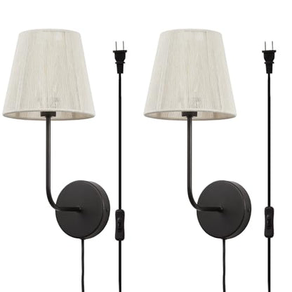 White Boho Wall Sconces Set of 2 | Plug-in Wall Light Black Finish with Natural Wicker Rattan Shade Hand Woven for Bedside, Living Room, Fireplace, Hallway - color: Black