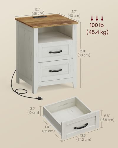 VASAGLE LIRY Collection - Farmhouse Nightstand with Charging Station, Bedside Table, Side Table with 2 Drawers, Open Compartment, for Bedroom, Rustic White and Honey Brown ULET669W01 - color: Rustic White + Honey Brown, size: 1 PACK, style: 17.7"W x 23.6"