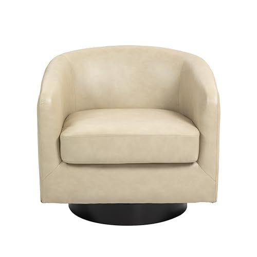 Swivel Accent Chair, PU Leather Upholstered Barrel Club Chair, Cream | Modern Round Armchair | Comfy Reading Seat with Removable Cushion | For Living Room, Bedroom, Office - color: Cream