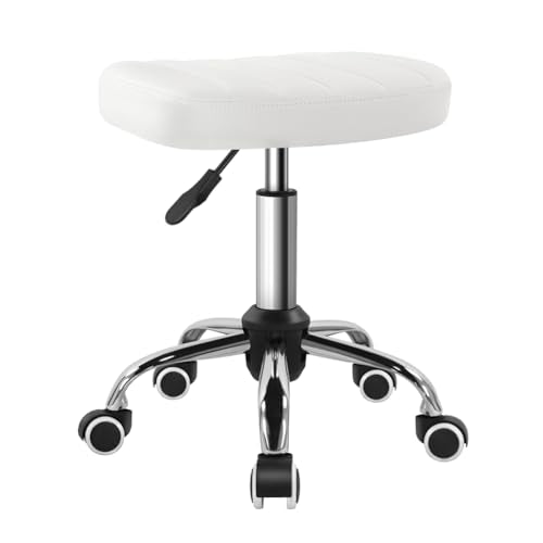 BFTOU White Minimalist Square Swivel Stool with Wheel for Work SPA Shop Massage Height-Adjustable and Cost-Effective Rolling Stool Chair - color: White